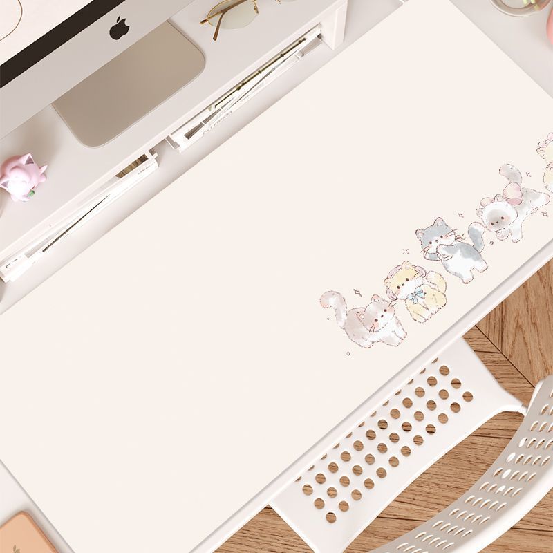 Yellow Desk Setup - 핑크 카와이 고양이 가죽 책상 패드