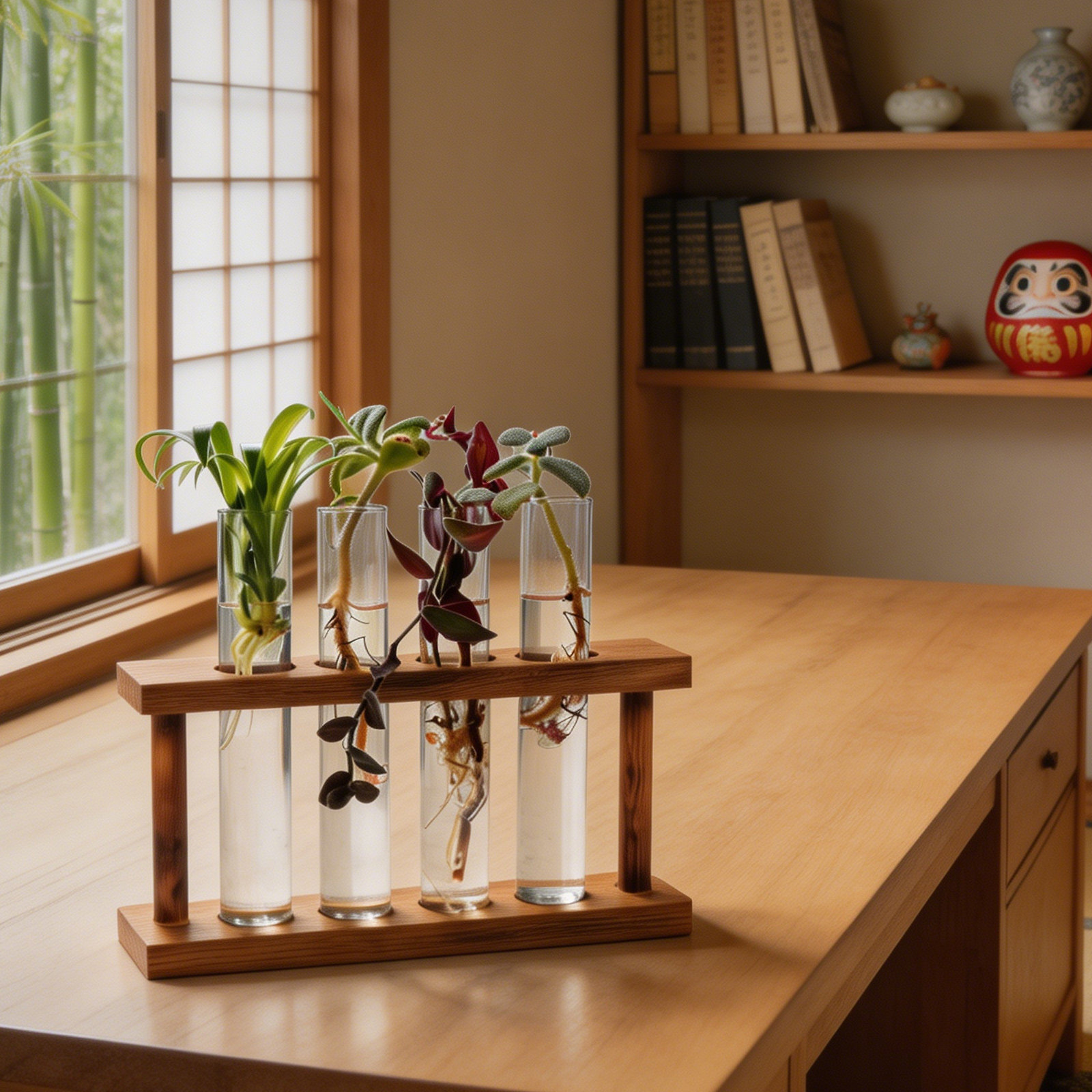 Desk Setup Wood - 유리 시험관 화병 홀더가 있는 나무