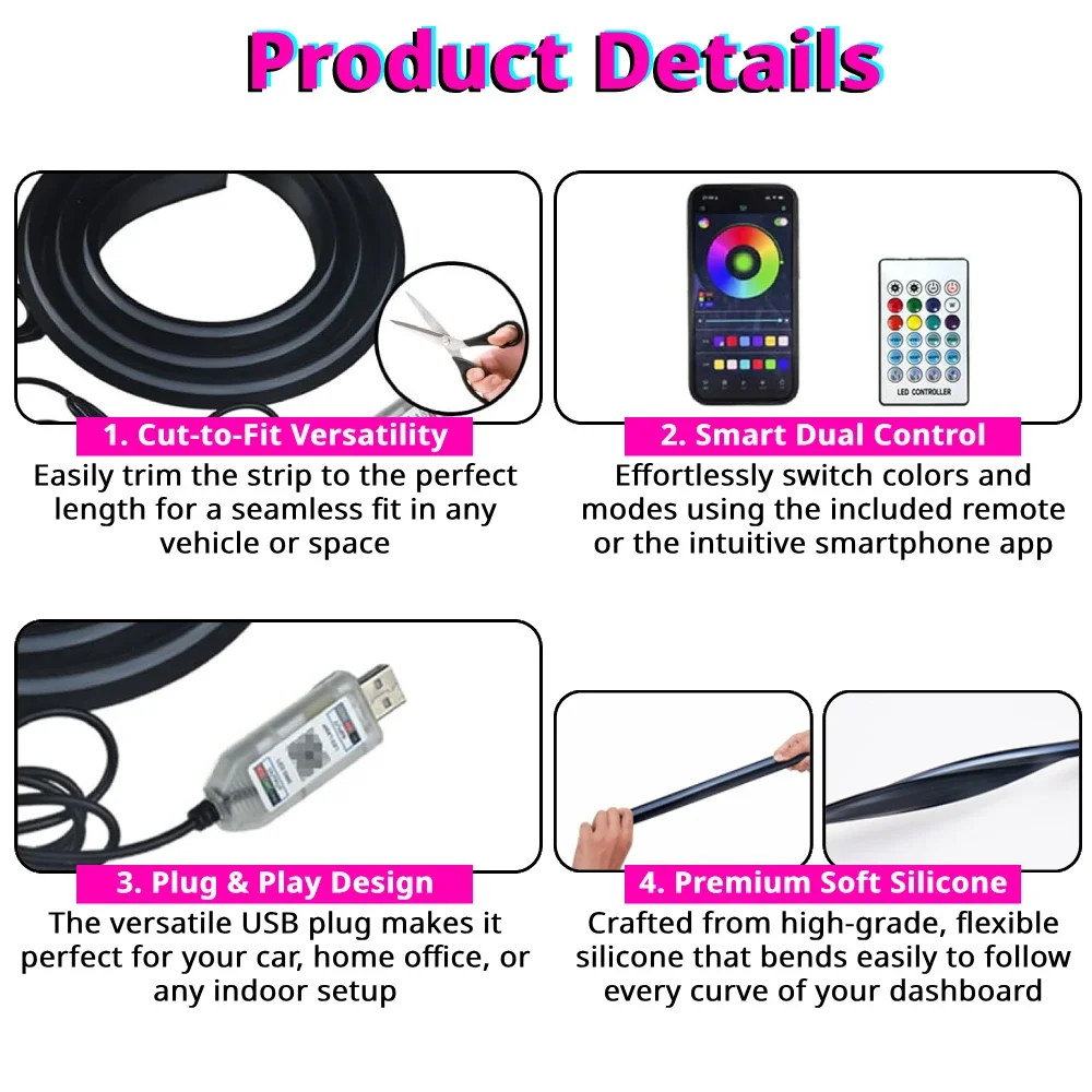 자동차 앞유리 앰비언트 라이트 스트립 59인치 RGB  - Ambient Light Bar Usb 리뷰 및 가격
